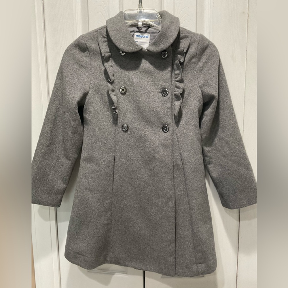 ☀️☀️☀️Mayoral Girl’s A-Line Grey Wool Blend  Lined Pockets Adorned Coat, Size 9